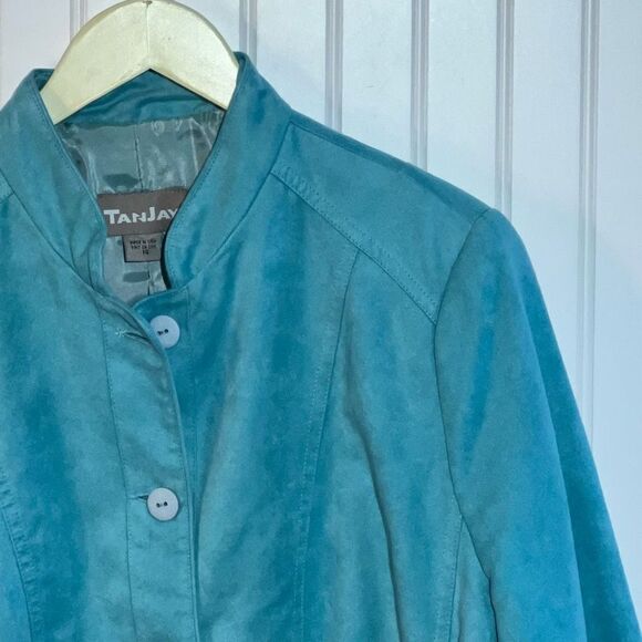 Tan Jay Button Down Jacket Women’s 14 Blue Faux Suede Classiccore Office Wear - Picture 5 of 10
